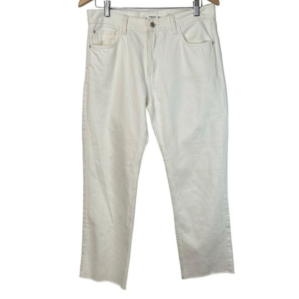 MANGO Denim White Jeans Size 6 Frayed Hem Relaxed Casual